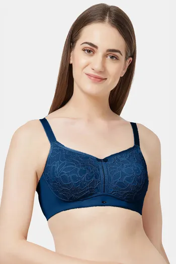 Buy Soie Double Layered Non Wired Full Coverage Lace Bra - Blue